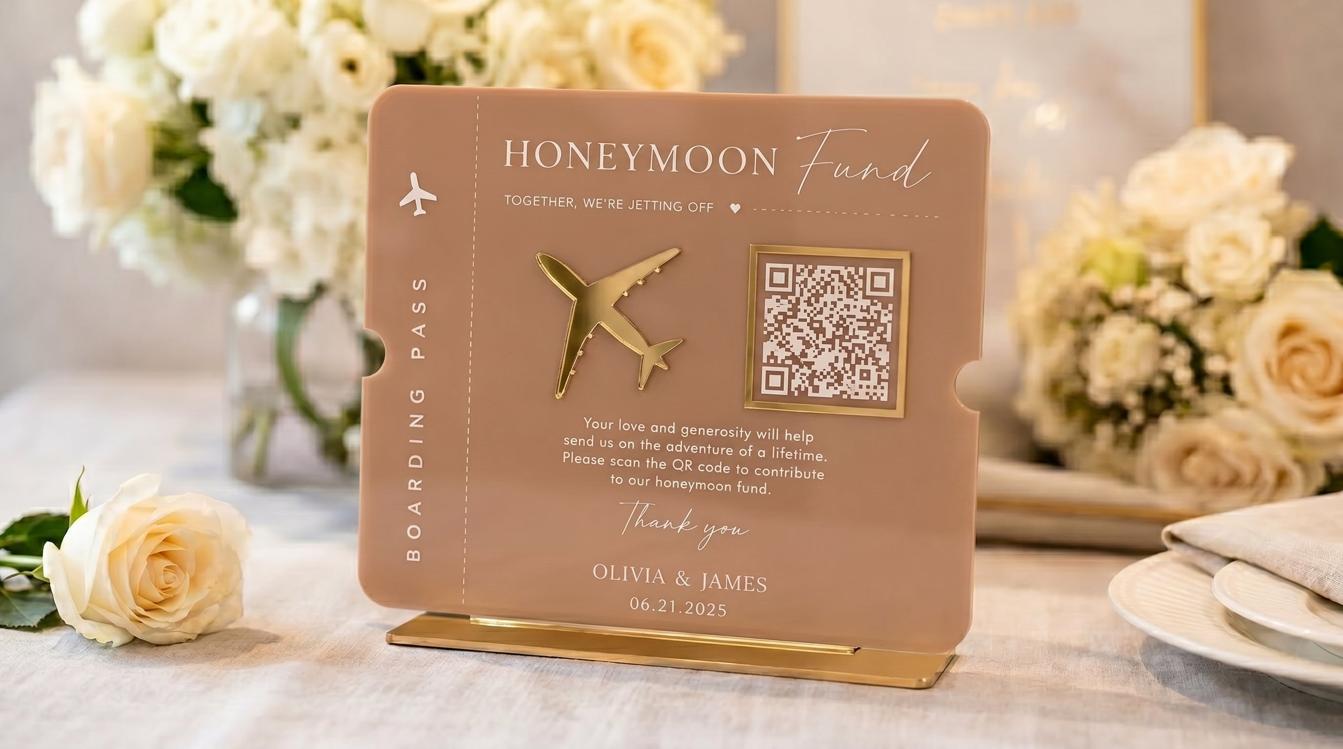 Honeymoon Fund QR Code Sign | Boarding Pass Wedding Acrylic Payment Table Sign