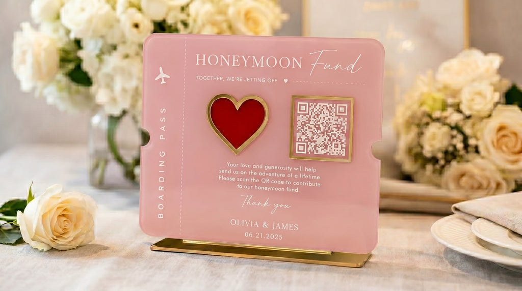 Honeymoon Fund QR Code Sign | Boarding Pass Wedding Acrylic Payment Table Sign