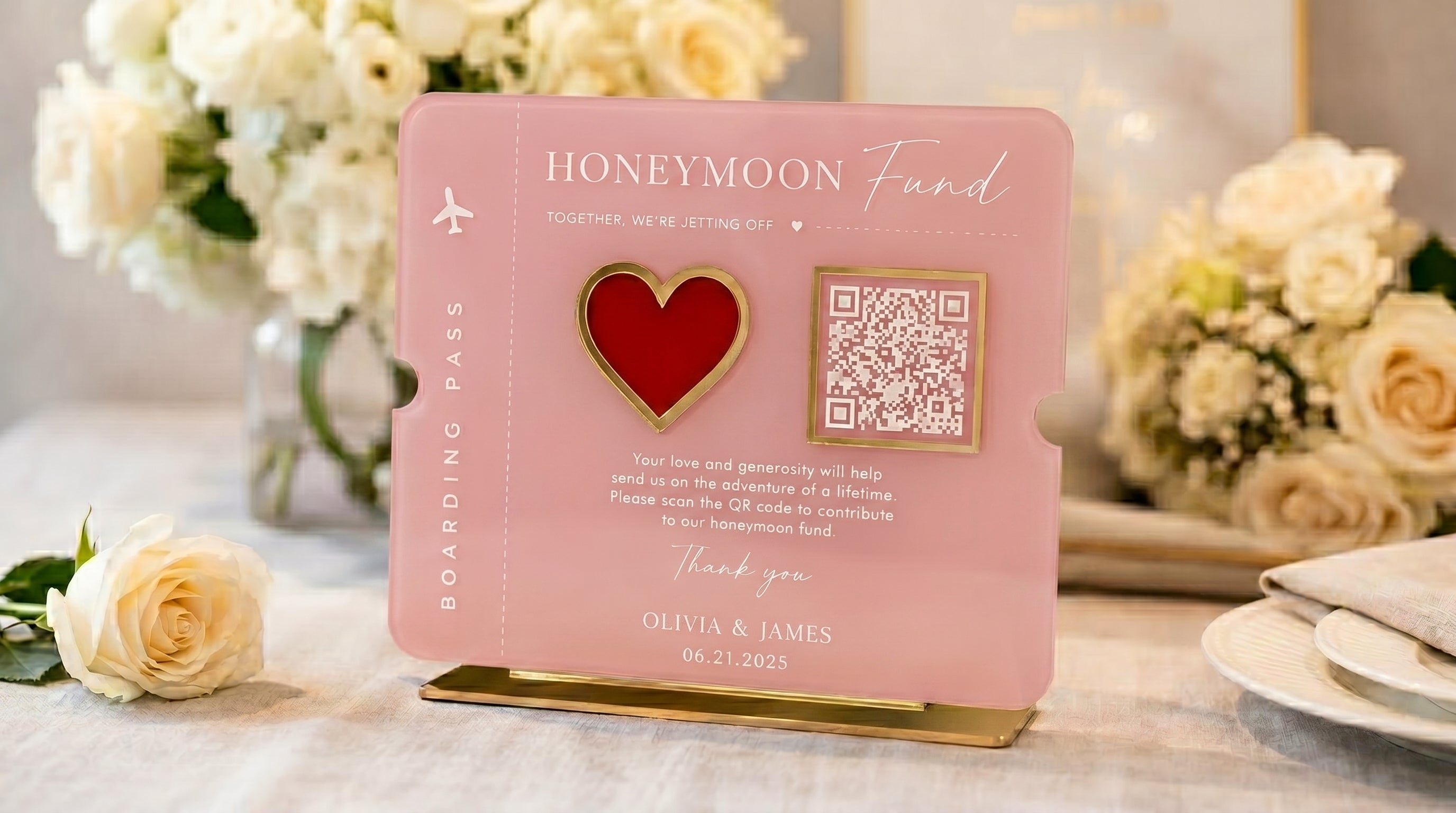 Honeymoon Fund QR Code Sign | Boarding Pass Wedding Acrylic Payment Table Sign