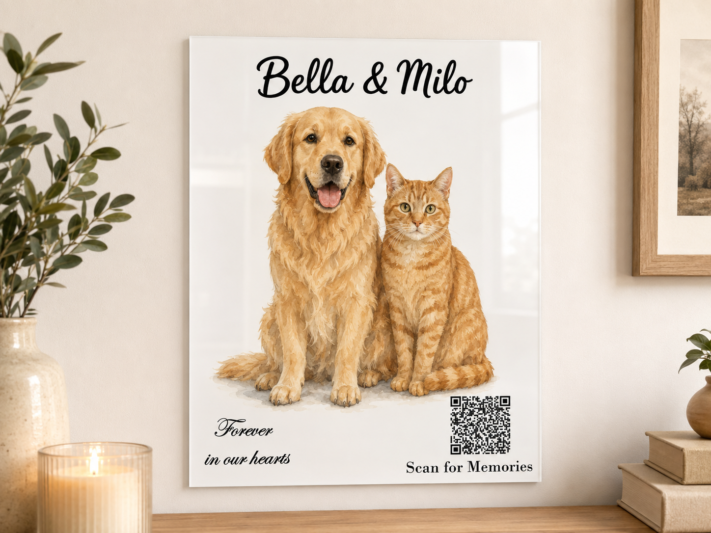 Custom Pet Memorial Acrylic Portrait | Watercolor Style Scan for Memories QR Code Sign