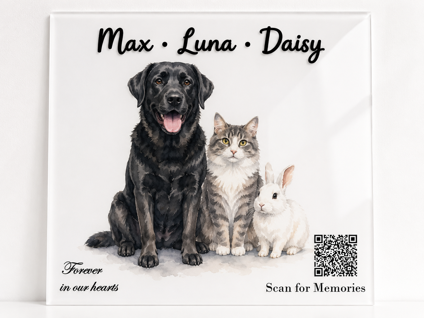 Custom Pet Memorial Acrylic Portrait | Watercolor Style Scan for Memories QR Code Sign