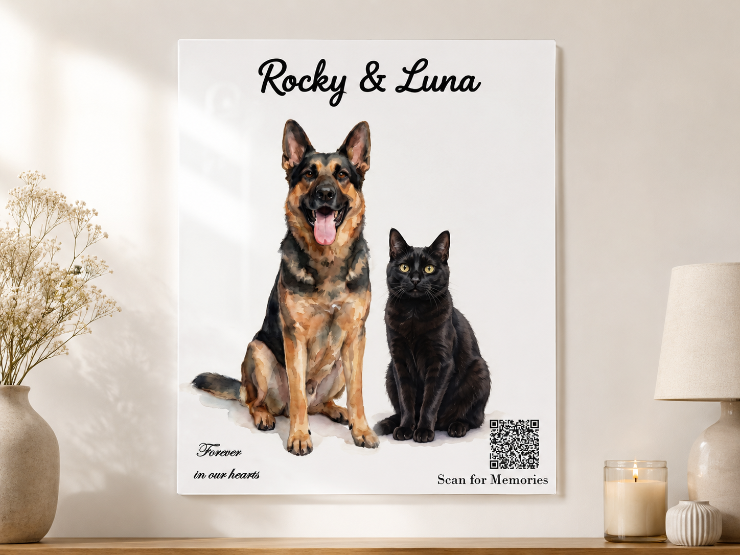 Custom Pet Memorial Acrylic Portrait | Watercolor Style Scan for Memories QR Code Sign