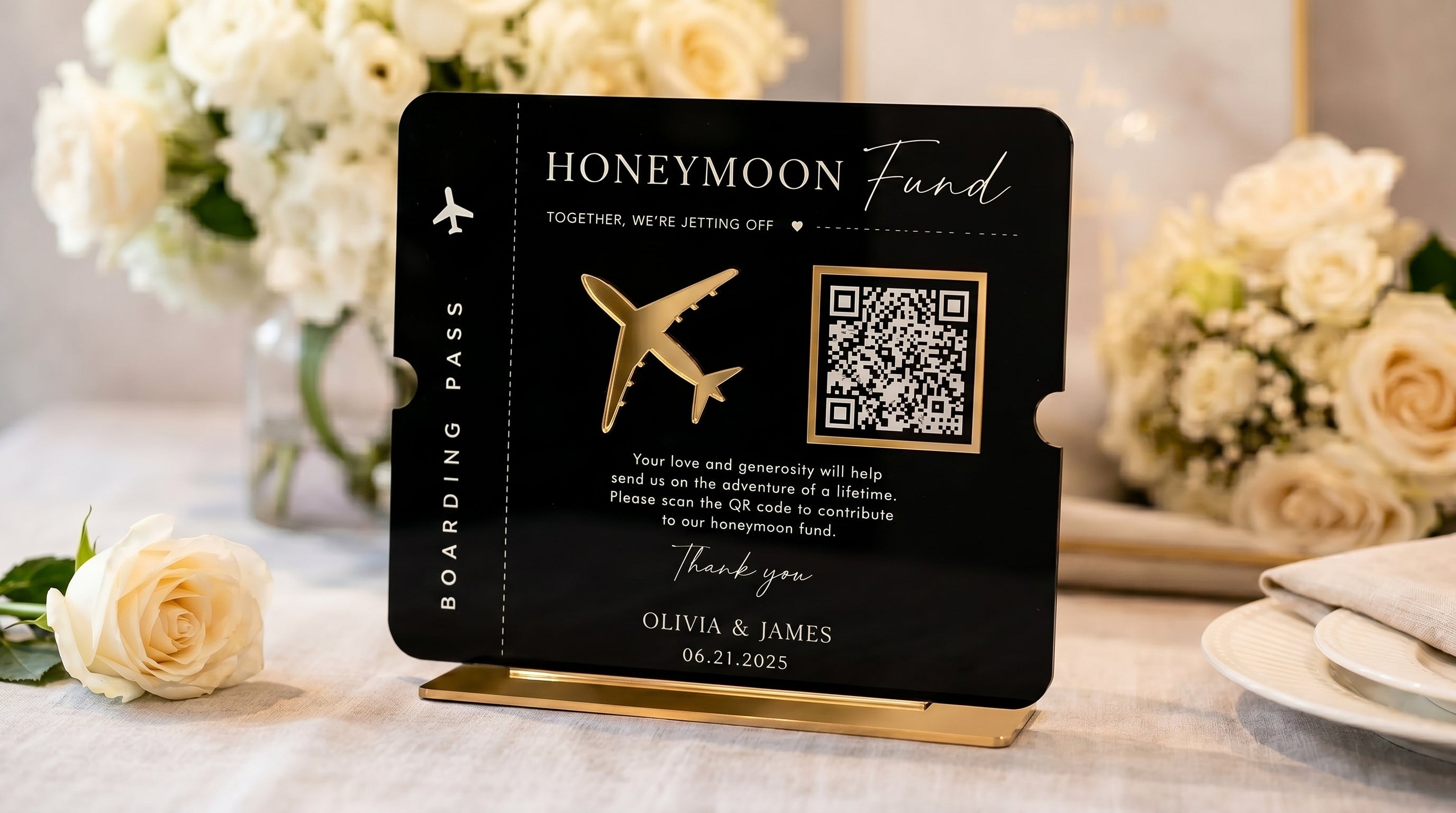 Honeymoon Fund QR Code Sign | Boarding Pass Wedding Acrylic Payment Table Sign
