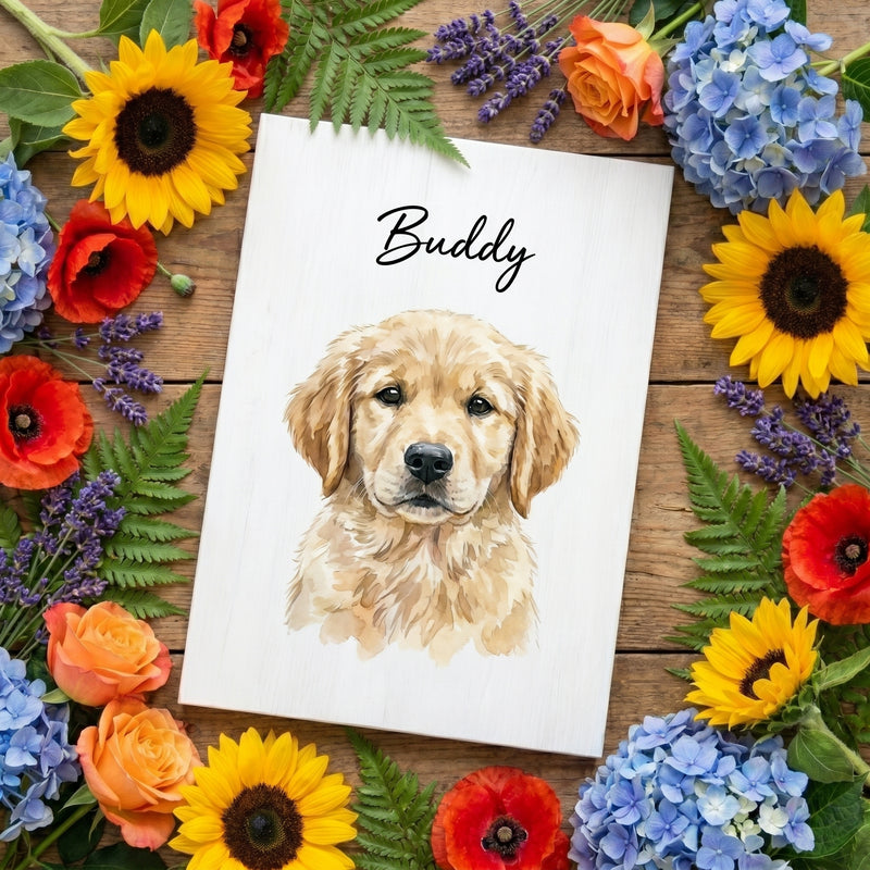 Custom Pet Memorial Acrylic Portrait | Watercolor Style Scan for Memories QR Code Sign